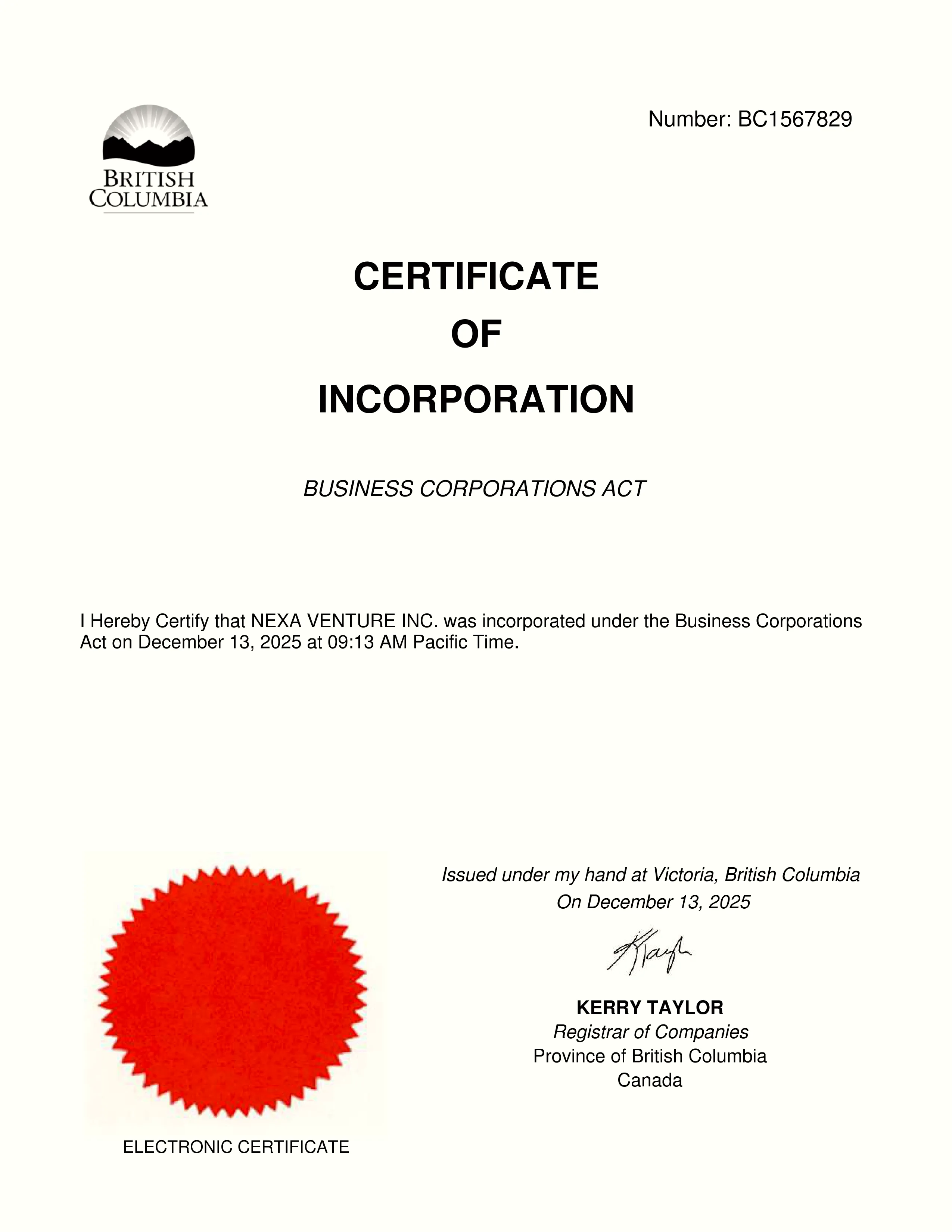 Official Registration Certificate