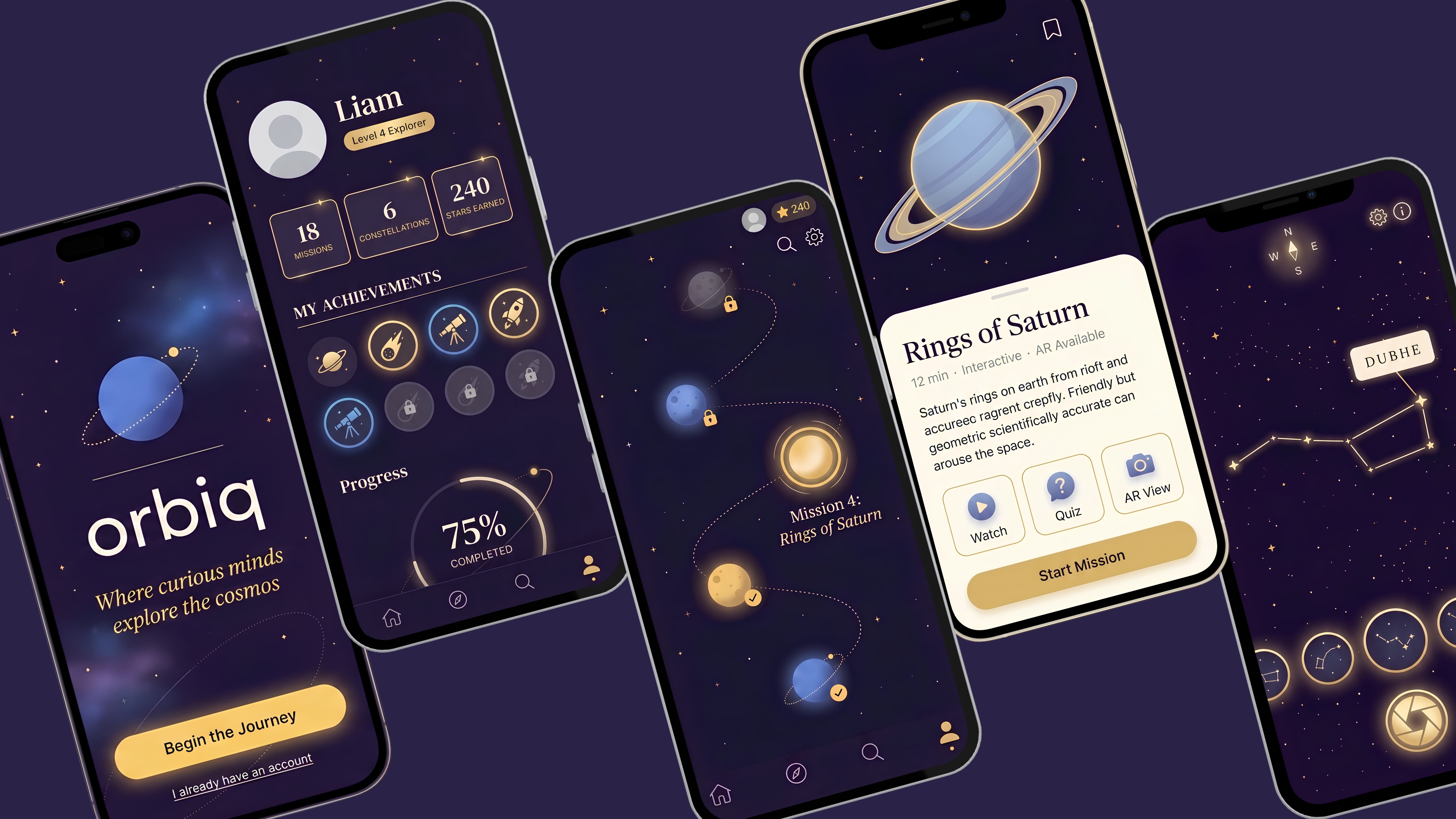 Orbiq astronomy learning mobile app UI