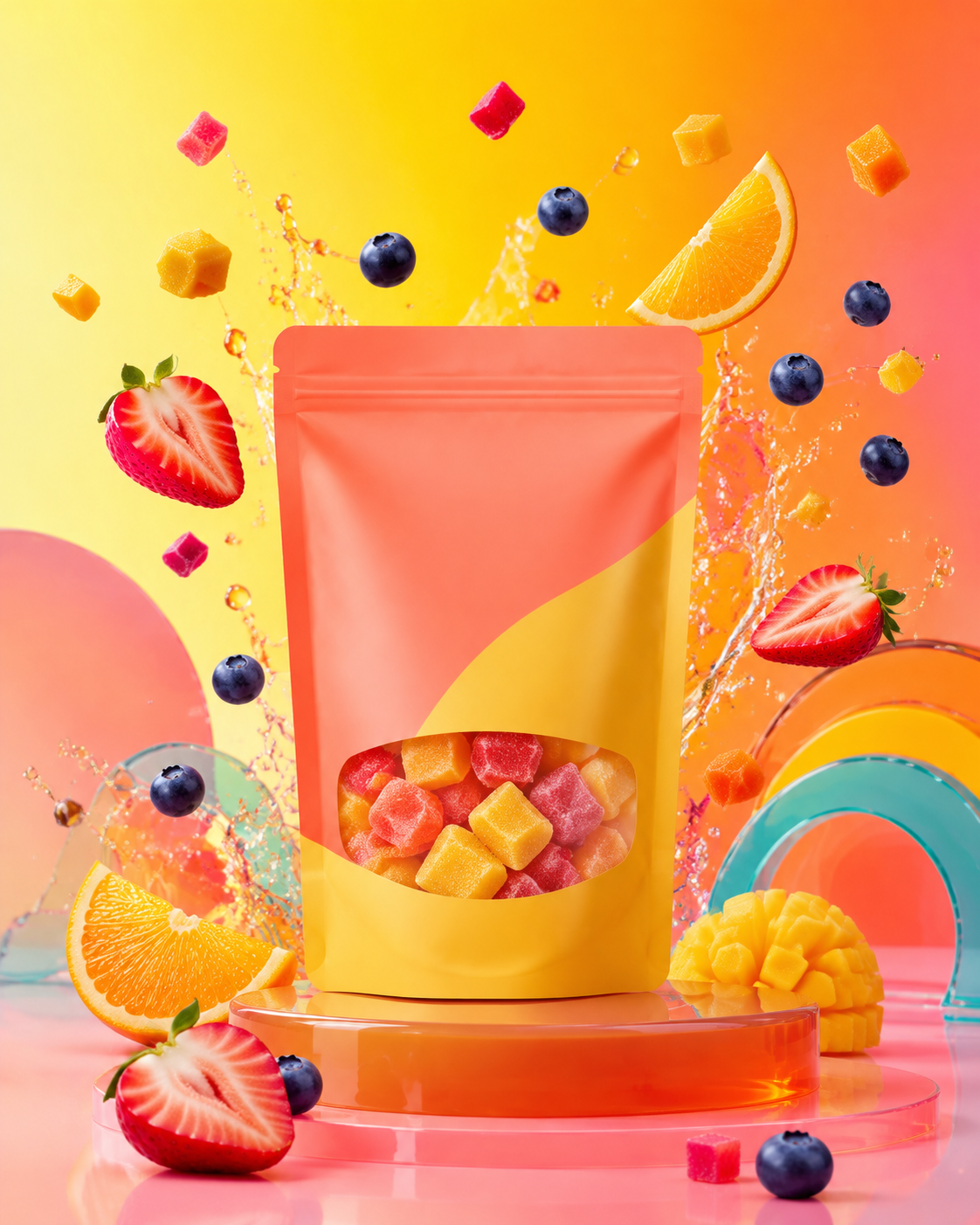 Colorful fruit gummies product content